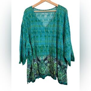 Ulla Popken Tunic Top 32/34 Green Multi Floral Paisley V Neck Boho Cotton